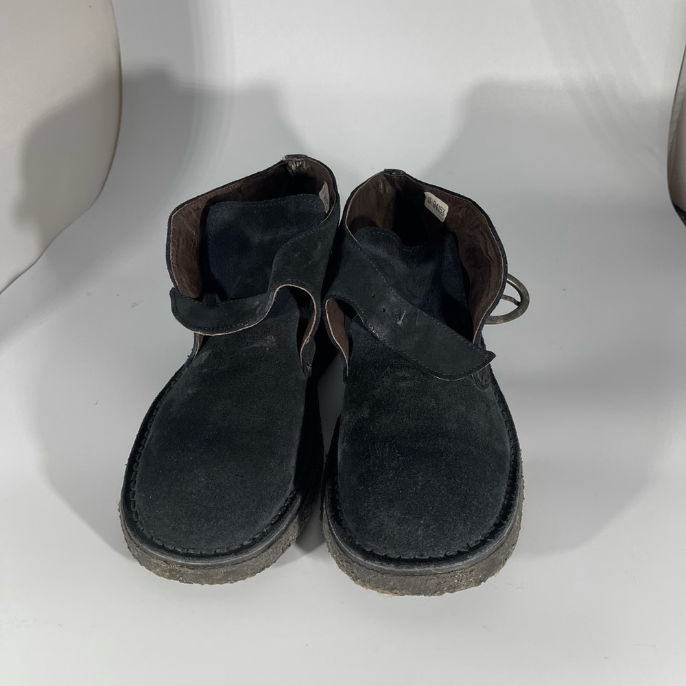 Steeple Gate dark blue suede ankle boots with buckle.